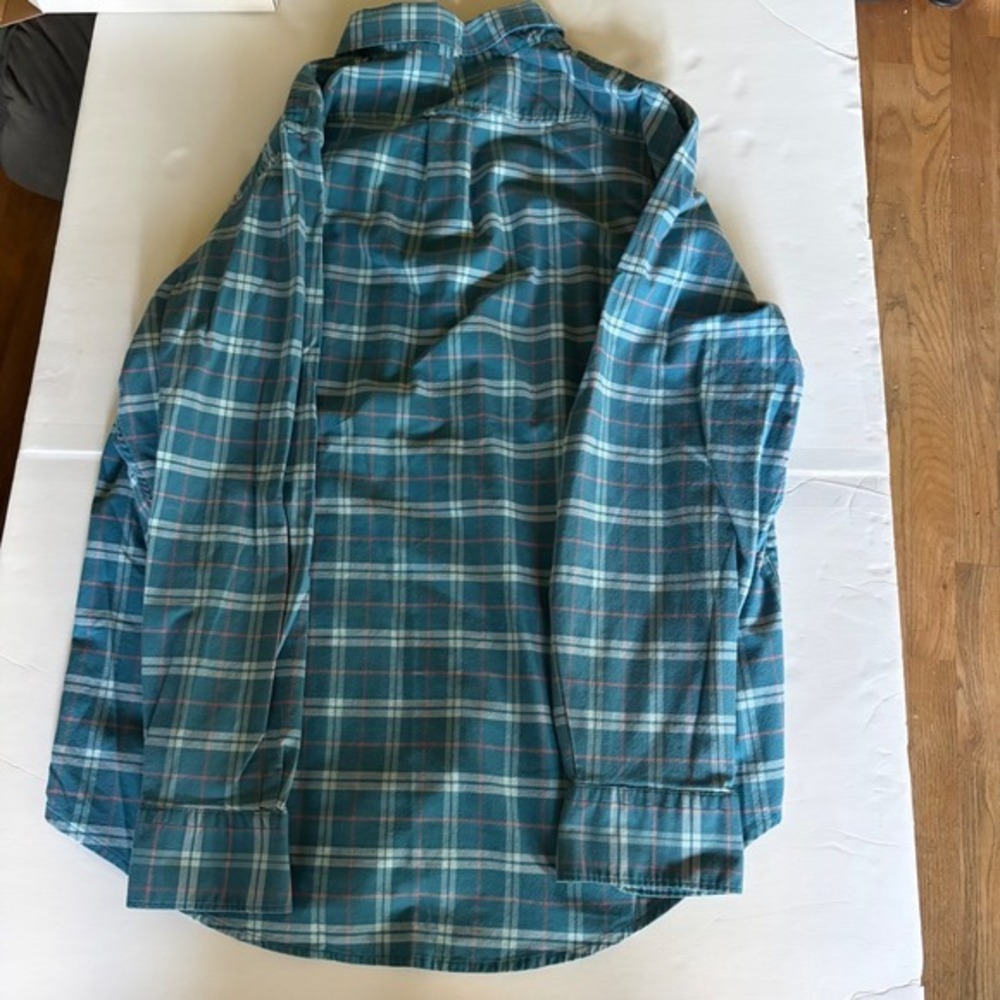 IZOD Saltwater Men Large Teal Plaid Stretch Button Down Shirt Relaxed Classics